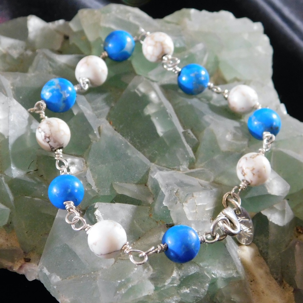 Blue Howlite and White Magnesite Beaded Sterling Silver Energy Bracelet